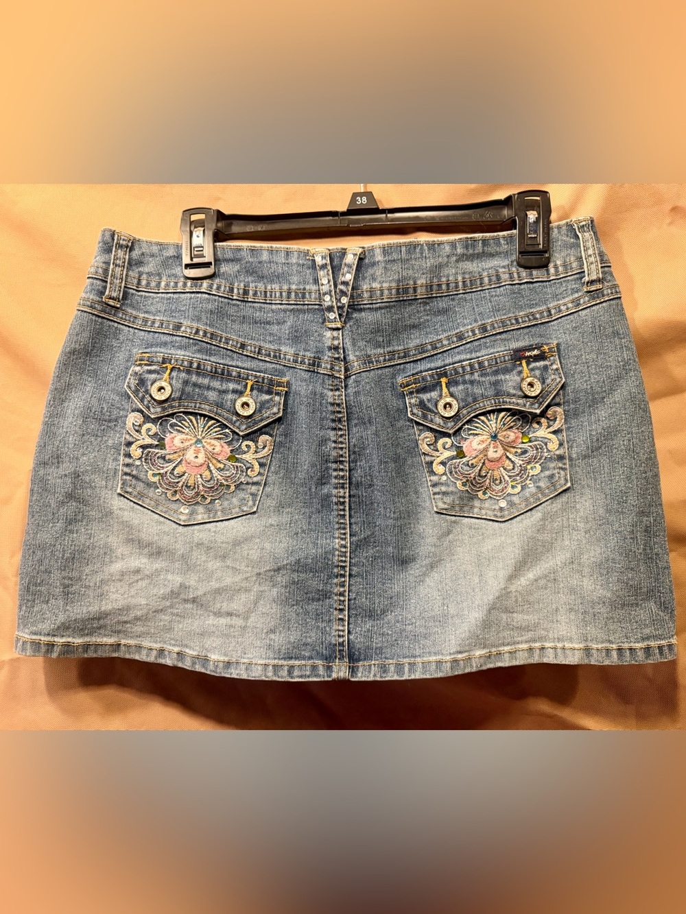 Vintage Y2K Angels Rhinestone Bedazzled Denim Mini Skirt 13, great condition!